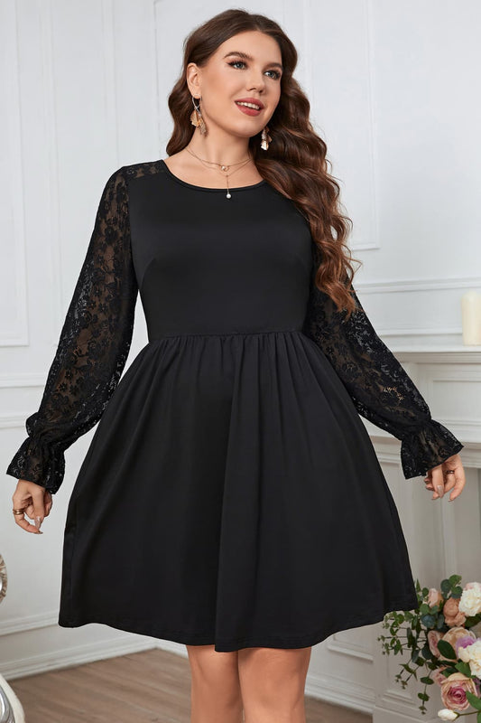Casual Dresses Apparel Plus Size Lace Trim Round Neck Flounce Sleeve Dress